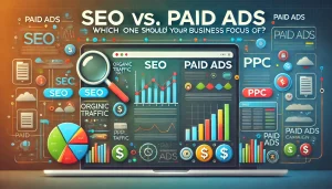 modern and professional blog banner for 'SEO vs. Paid Ads_ Which One Should Your Business Focus On_'. The left side represents SEO with search engine